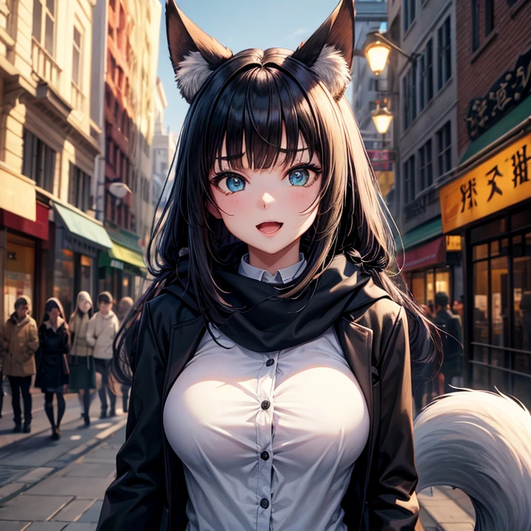 1 Girl, Animal ears绒毛, Animal ears, Aqua eyes, Bangs, black coat, breast, Buttons, coat, Cross your arms, Fox ears, Fox Girl, high resolution, large breast, Long hair, Looking at the audience, open mouth, Partially unraveled, road, scarf, shirt, Short eyebrows, Smile, Solitary, permanent, street, Tail, Thick eyebrows, Upper Body, white shirt, From below