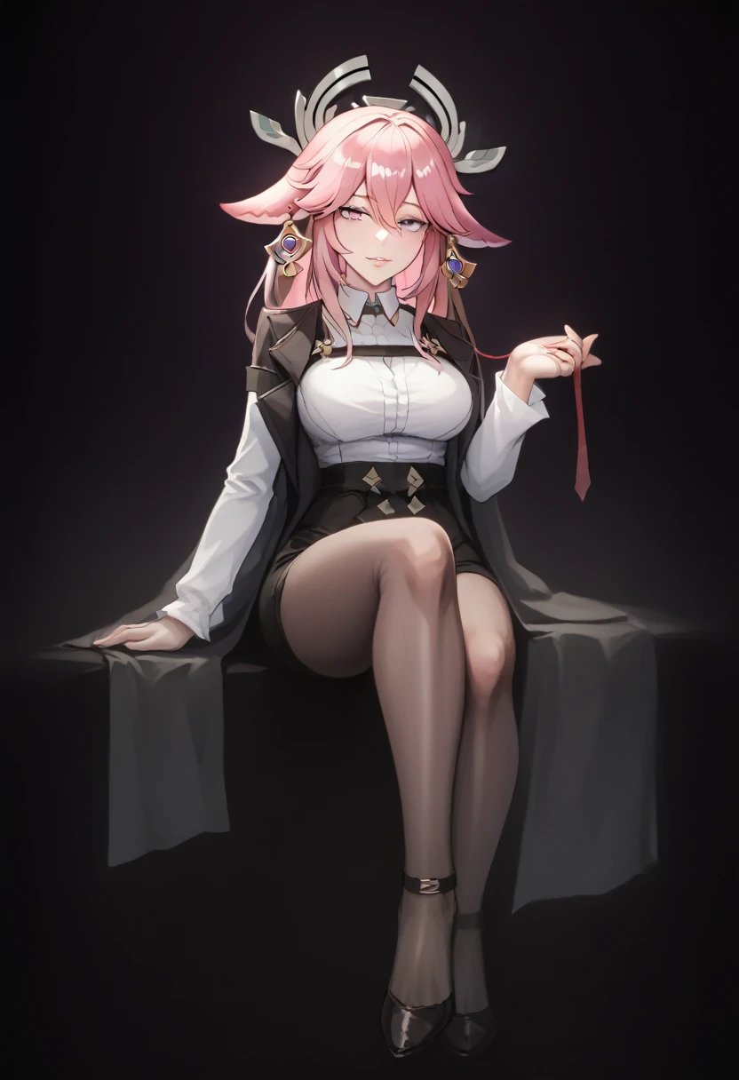 very delicate and beautiful girl,8k wallpaper,masterpiece,danntoudainoaura,white background,1 girl,alone,devil&#39;s horns,devil girl,belly button,long hair,medium breasts,elbow bag,stockings,belly button cutout,boots,choker,((naked)),(Sit in a respectable chair),looking at the viewer、Photo from below、((sit cross-legged))、(coat of arms below belly button)、king&#39;s chair