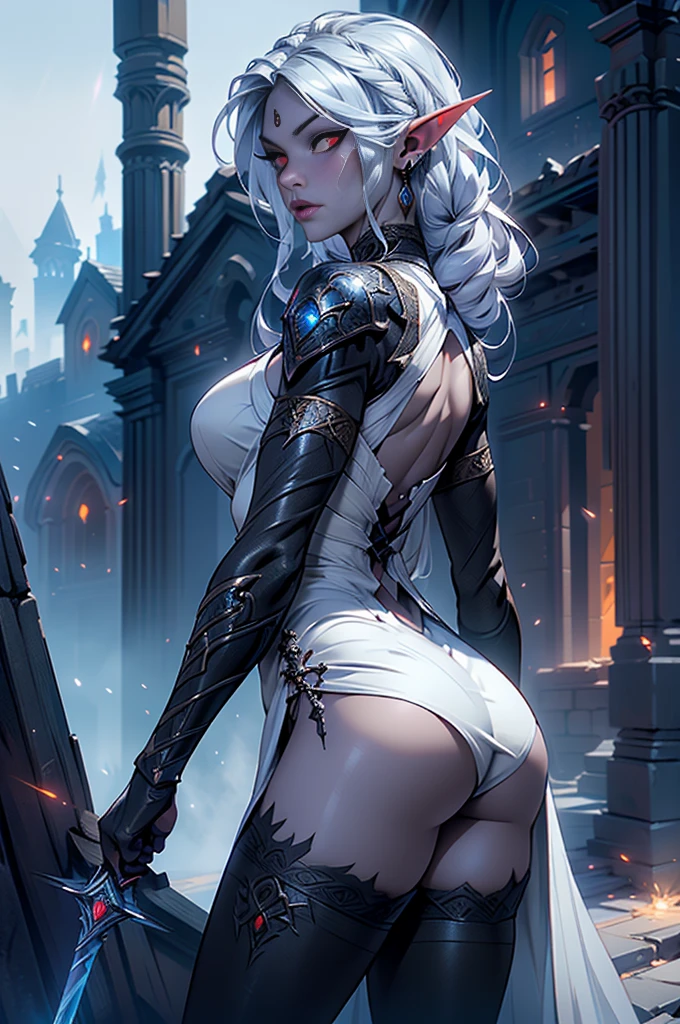 (rear view, backside view),1girl, sexy drow, elfa de peito grande morena skin, pale silver long elaborate braids, ((red eyes)), jewels, elf ears, earrings, ((white sorceress sexy dress)), ((wields staff)), ((cast light magic)), on a roof of scyscraper, athletic, volumetric lighting, best quality, masterpiece, realistic, anatomically correct, (strong cinematic lighting), stunning details, intricate details, 8k post-production, High resolution, super details, trending on ArtStation, sharp focus, depth of field f/1.8, studio photos, (((looking at camera))), ,(Fondo de ruinas de mazmorra en ruinas:1.4 ), (Detalles de la cara: 1.5, ojos azules brillantes, hermoso rostro, ojos bonitos, Contorno del iris, labios delgados: 1.5, Thin, sharp pale eyebrows, Long, dark eyelashes, double tabs),(Obra maestra: 1.4), (8K, realista, foto cruda, La mejor calidad: 1.4),manos perfectas: 1.5