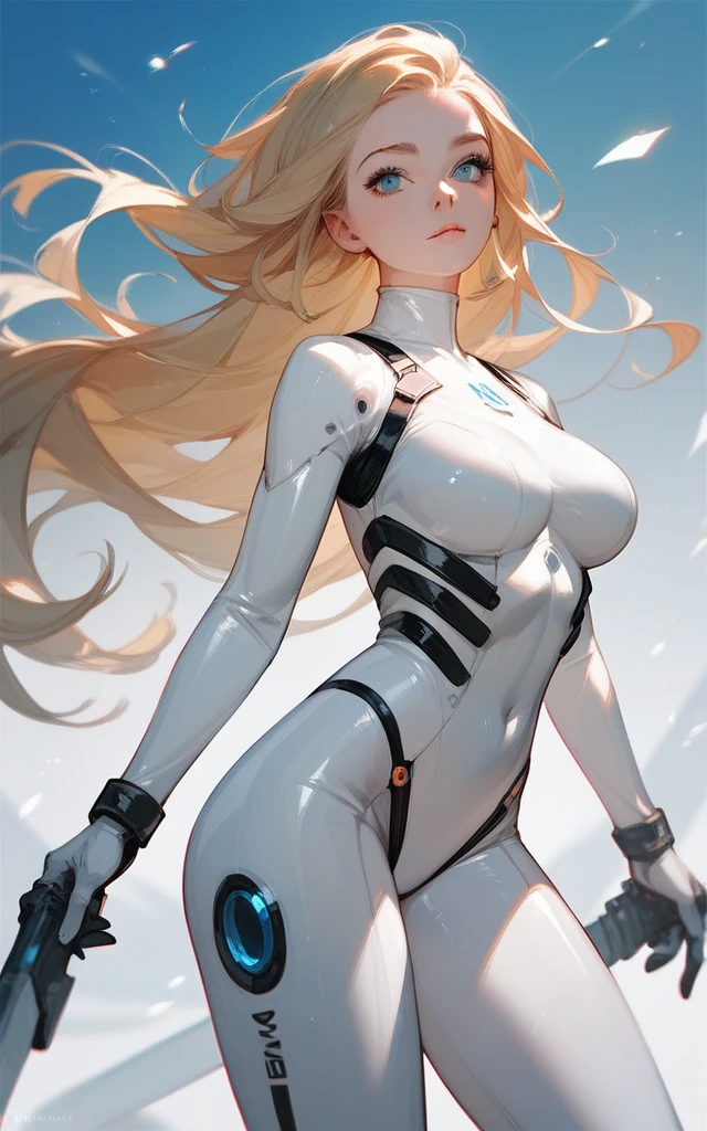 girl, white bodysuit, blonde, blue eyes, Hyper Realistic
