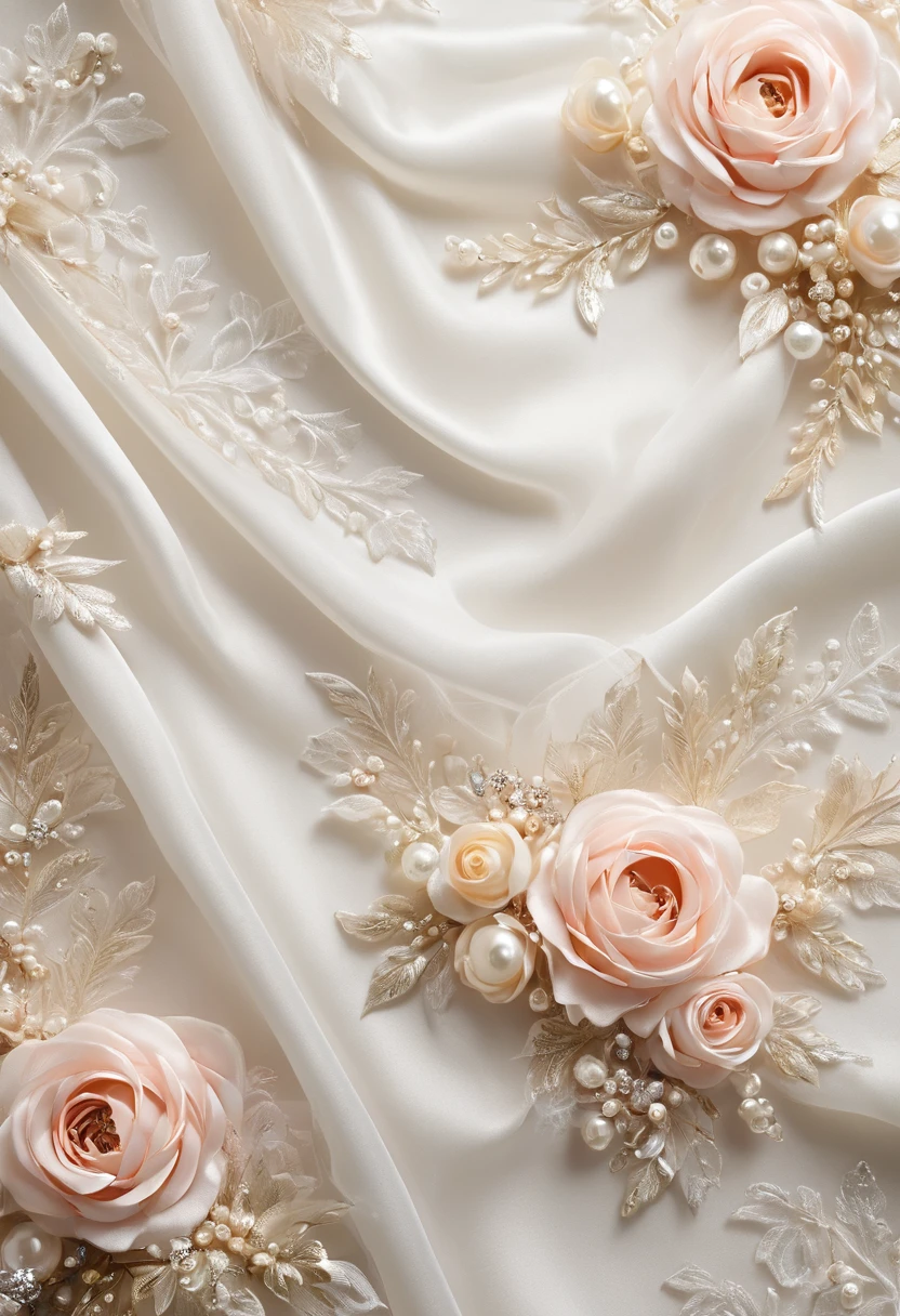 ((background only)),(((masterpiece))), (((Highest quality))), ((Super detailed)), ((非常にdelicateで美しい)), (最高masterpiece:1.4),delicate,8k,Beautiful satin wallpaper((Generate cloth only:1.4)),(Full-screen texture:1.4)Collage fabric,ghostwhite,Lots of tulle,(Pearl ornament),(Shabby chic),Cute atmosphere sparkling