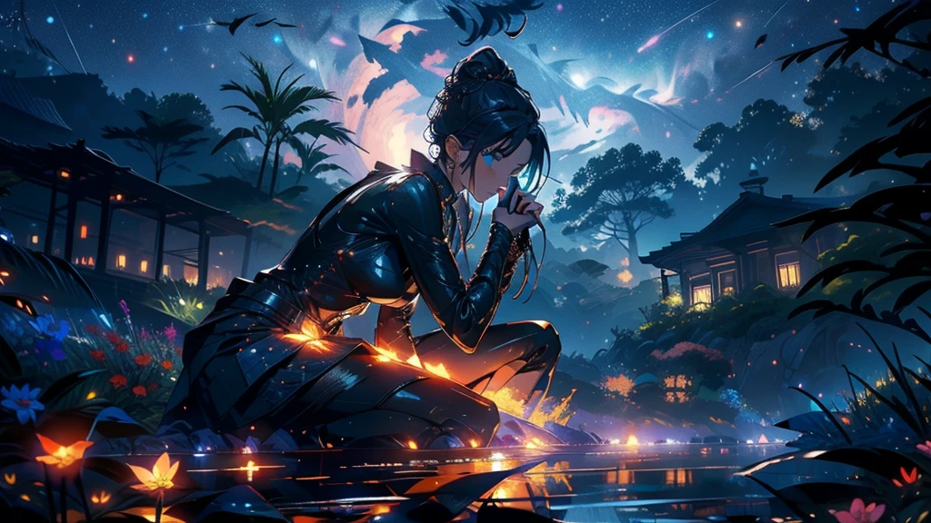 Master Parts, nice, landscape, (((no_Humanos))), night, flower, garden, Starry Sky, constellation, amazing, Overlooking, water, warm, comfortable, peaceful, meteor, Cosmic, magic, magic, details, fair, ((fire Fly)),girl,Drinking a drink