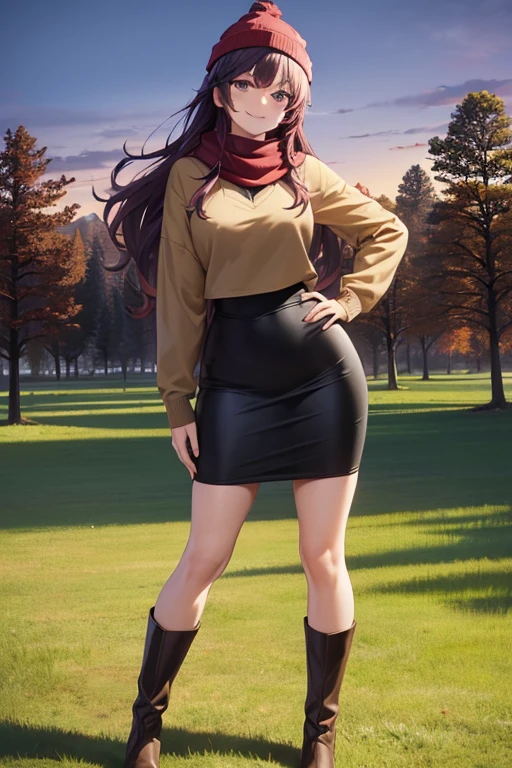 ((masterpiece, best quality)), highres, beautiful woman looking at viewer, hand on hip, wide hips, smiling, brown hoodie, black midi pencil skirt, pencil skirt, red beanie, leather boots, red scarf, full body, medium purple hair, wavy hair, garden, fall evening, sunset, trees, leaves falling, park, flowers