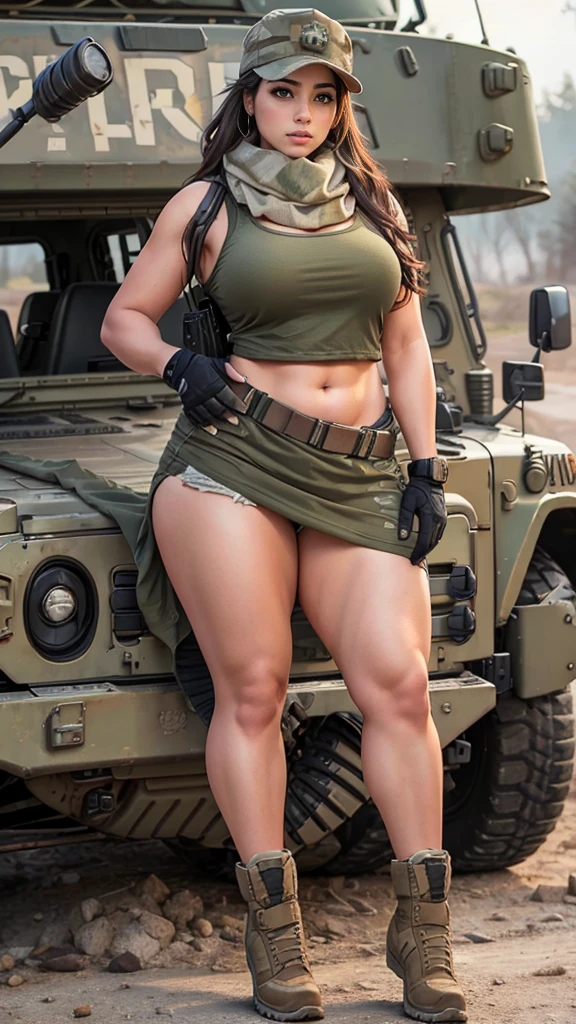 Women Military Scarf and Cap in a Military Jeep NSFW ,curvy body, thick high, Loong legs, wide hips, full body in ruins