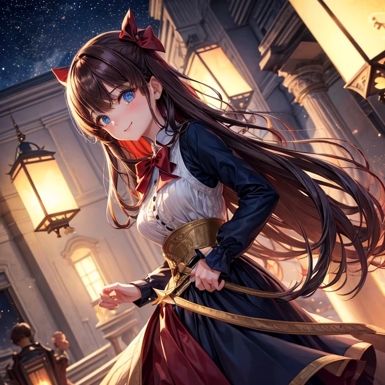 (Extremely refined: 1.2), 1 Girl, Bangs, blue eyes, Vague, Vague background, bow, Brown hair, Residence, side view, Hair between the eyes, hair bow, lantern, Light Particles, Long sleeve, Looking at the audience, Medium Length Hair, night, red bow, Solitary, Star(Symbolism), Upper Body, Smile, Red lips