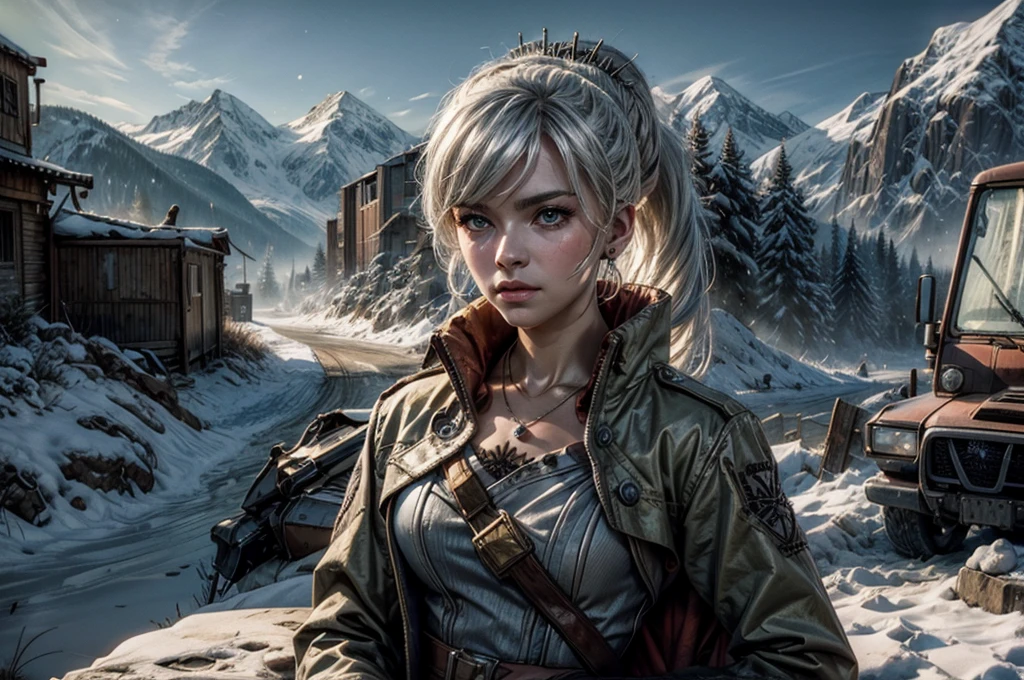 (masterpiece, best quality:1.2), cowboy shot, weissvale, expressionless, closed mouth, looking at viewer, long white hair, side ponytail, scar above eye and below eye, military dress, jewelry, necklace, earrings, in city ruins on hill, crowd (crowd in military uniform), overlooking valley, BREAK snow, BREAK mountains in background, waterfall, vehicle wreck, , bonfires, post-apocalypse, dystopian future,