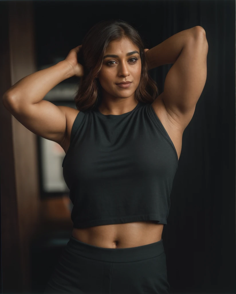 (close-up, editorial photograph of a 35 year old woman), looks like Nayanthara, small tattoos, (highly detailed face:1.4) (smile:0.7) (background inside dark, moody, private study:1.3) POV, by lee jeffries, nikon d850, film stock photograph ,4 kodak portra 400 ,camera f1.6 lens ,rich colors ,hyper realistic ,lifelike texture, dramatic lighting , cinestill 800,