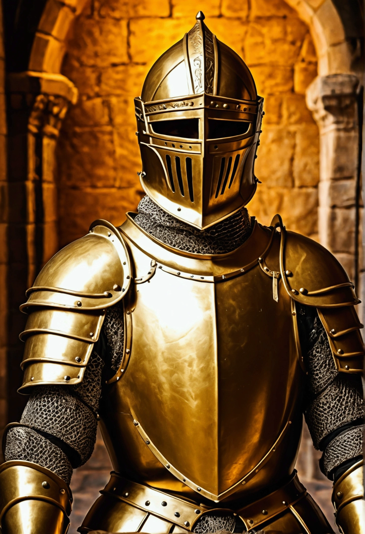 knight in golden armor and helmet, background in medieval style