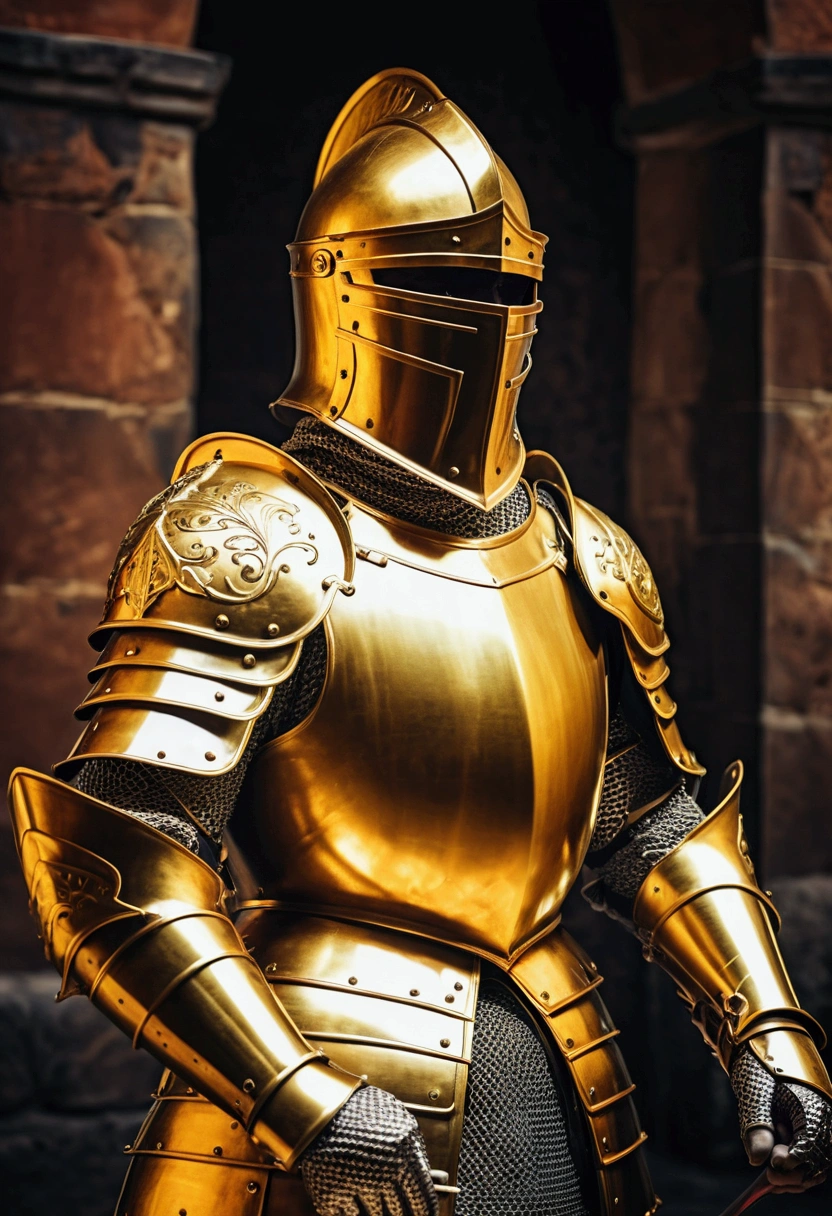 knight in golden armor and helmet, background in medieval style