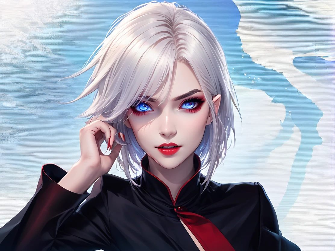 A young woman with white hair and red tips, a vampire, vampire canines, blue eyes, eye patch, short hair, female physique, Discord PfP, fantasy, vampire,long canines, rice teeth