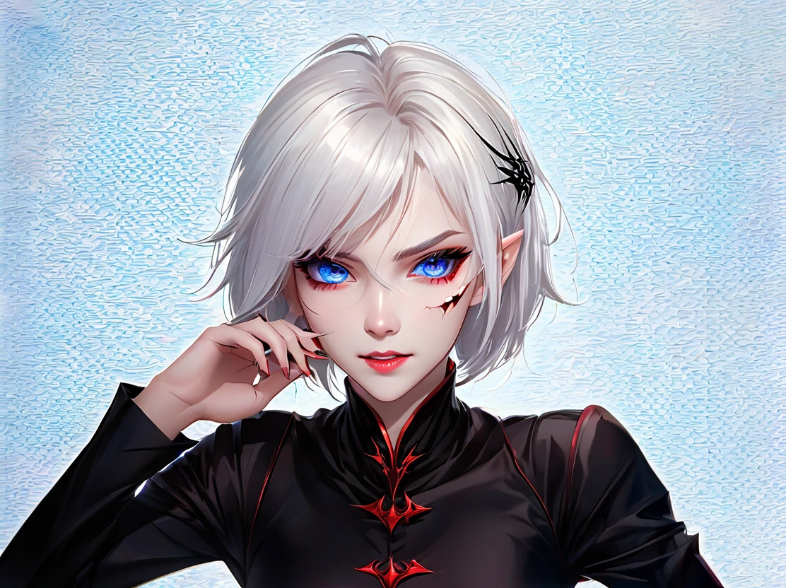 A young woman with white hair and red tips, a vampire, vampire canines, blue eyes, eye patch, short hair, female physique, Discord PfP, fantasy, vampire,long canines, rice teeth
