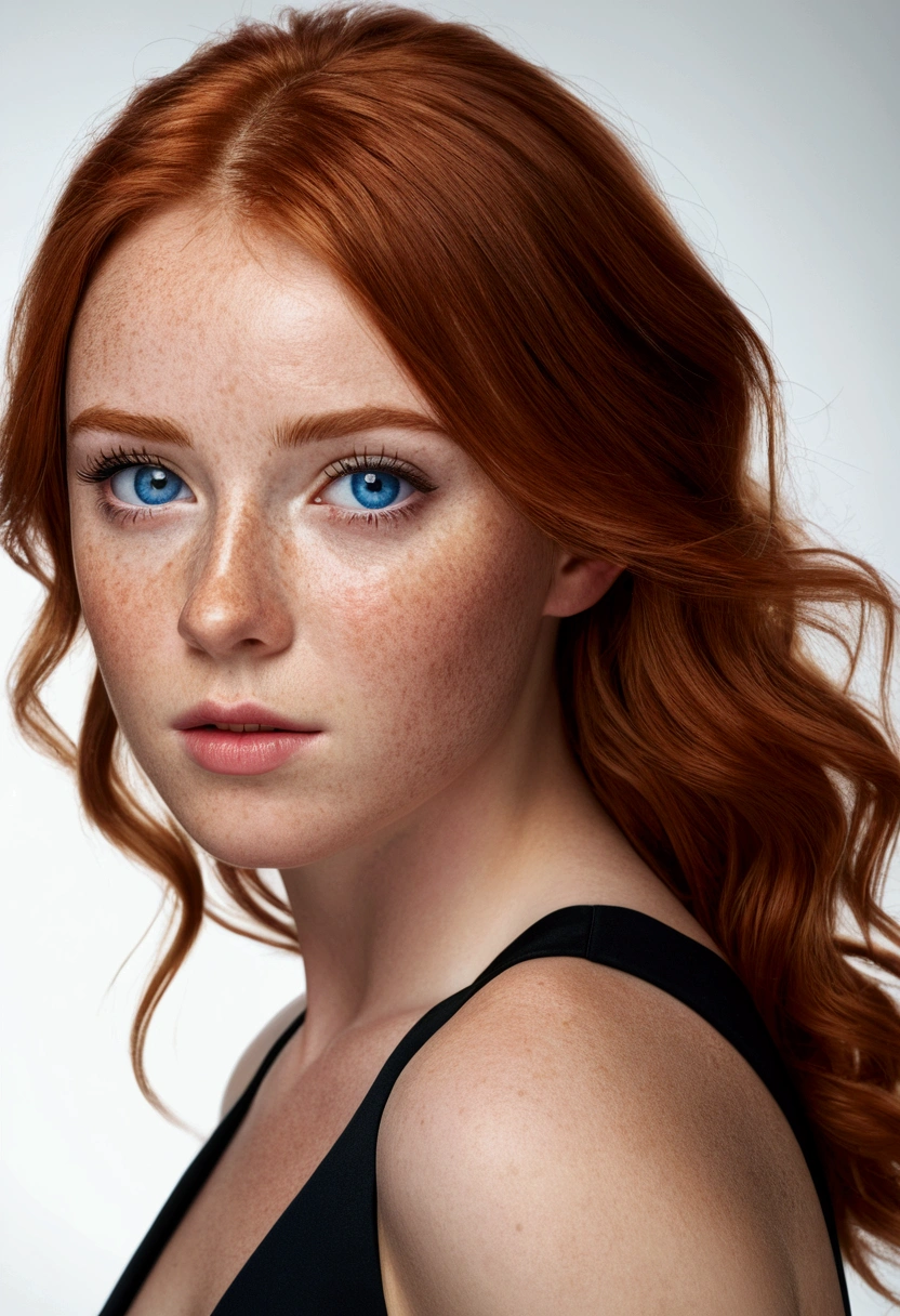 young girl, red-haired woman, blue eyes with light freckles on her cheeks, big tits, she is dressed in a sexy, elegant black dress, photo taken on a white background. Ultra-high resolution, (photorealistic: 1.4), high resolution, (brown eyes), (finely detailed skin), (perfectly proportioned) (photo realistic) (masterpiece) (photorealistic), ultrarealistic (Best Quality) (Detailed) photographed in a Canon EOS R5, 50mm Lens, F/2.8, (8K) (Wallpaper) (Natural lighting) (Convoluted) Fashion