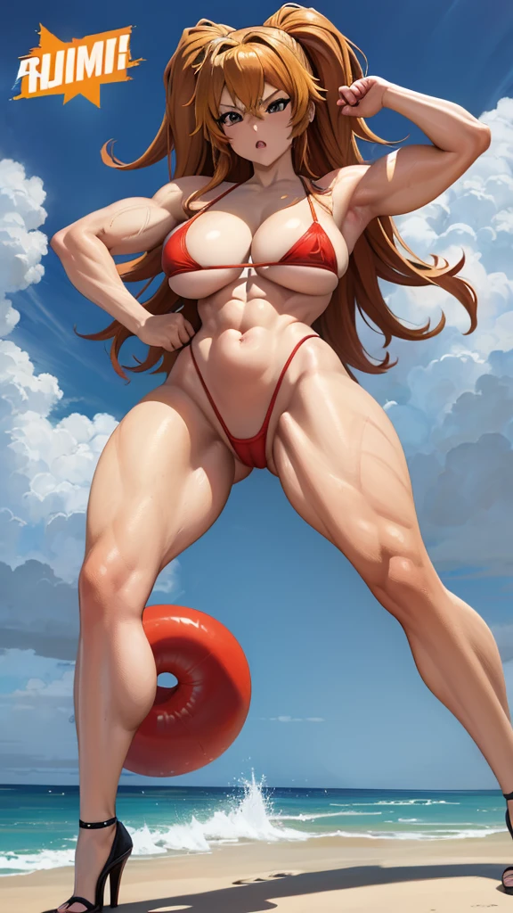 a cartoon image of a woman in a bikini and a man in a bikini, asuka suit under clothes!, high-heels. anime style no pixiv, no pixiv, strongest pose, giantess art, opal proportions, muscular!!, is wearing a swimsuit, one-piece nami, rot!! sand, an ahoge stands on your head