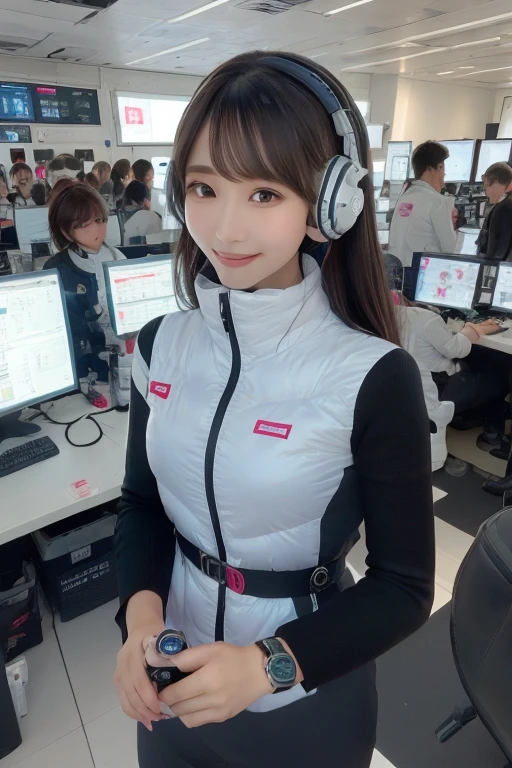 masterpiece, Highest quality, Very detailed, 8K Portrait,Japanese Android Girl,plump , Control panel,Robotic arms and legs, Blunt bangs,,break (Metallic Gray, Metallic luster, Mirror finish, Astro Best):5,headphone:5,break (Black sleeves):100,Smart Watches,Futuristic space station,Control Room,break headphone,blue eyes,(Black Hair):2,(Long Hair):1.3,Viewer Display,(respirator),break blush:3,Hidden Hand,smile