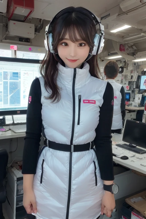 masterpiece, Highest quality, Very detailed, 8K Portrait,Japanese Android Girl,plump , Control panel,Robotic arms and legs, Blunt bangs,,break (Metallic Gray, Metallic luster, Mirror finish, Astro Best):5,headphone:5,break (Black sleeves):100,Smart Watches,Futuristic space station,Control Room,break headphone,blue eyes,(Black Hair):2,(Long Hair):1.3,Viewer Display,(respirator),break blush:3,Hidden Hand,smile