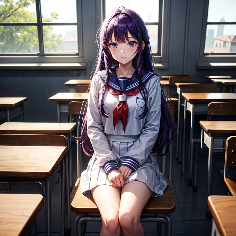 A man in a sailor suit、An 18-year-old young woman with long purple hair sits in a classroom (School 1.5 In the background) (Serious expression, Cold 1.5) (best quality: 1.1) (masterpiece: 1.3) with an unparalleled masterpiece, Surreal 8K, Perfect work of art, Super Detail, best quality, masterpiece 4K wallpaper aesthetics, masterpiece, Award-winning works, Official Art, light