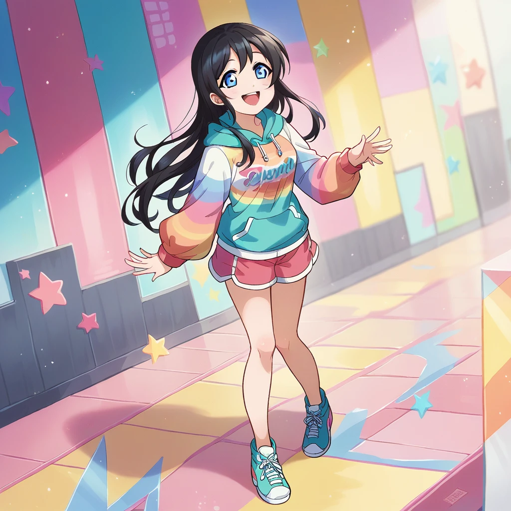 A girl, cute colorful outfit, clothes, black hair, blue eyes, happy, sparking, standing, long hair, full body 