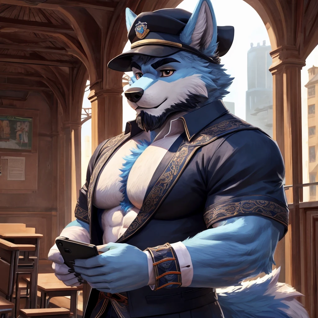 ((best quality)), ((masterpiece)), (Ultra detailed), ((4k)) , Solo , Anthro Wolf , Light Blue Fur , Black Short Hair , Short Beard , Handsone , Middle Ages , Big Pecs chest , School Outfit , Black Front Cap , Cool Pose , Playing Phone Game , Class 