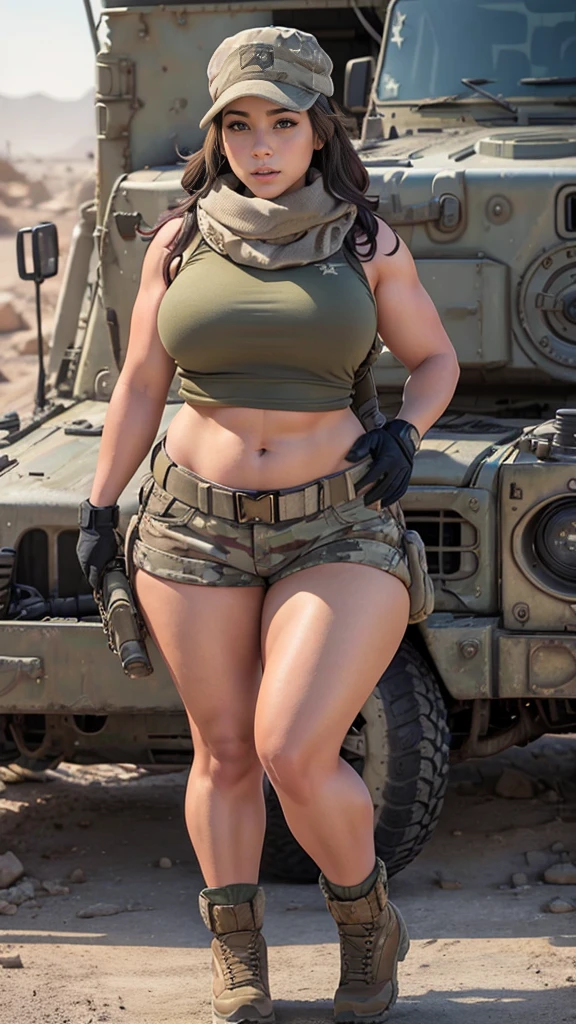 Women Military Scarf and Cap in a Military Jeep NSFW ,curvy body, thick high, Loong legs, wide hips, full body in ruins