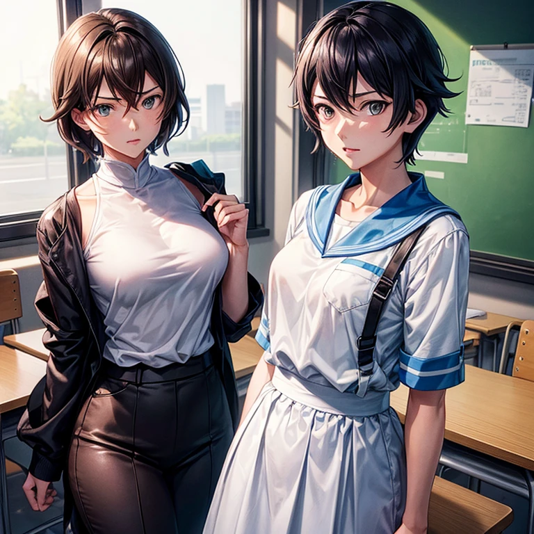noon, In class, Two female proctors walked into the classroom, Holding a top secret document bag, Two people wearing white T-shirts、Female invigilator with short black hair, The female proctor looked into camera, The camera mainly captures the upper body, Lof Art Style ((Xinhaicheng), CGStation Popular, Shinkai Makoto H 2160, Inspired by Border Guardians, Shinkai Makoto, plan, Guwitz&#39;s style, High-quality images, 4K, 8K, solve,