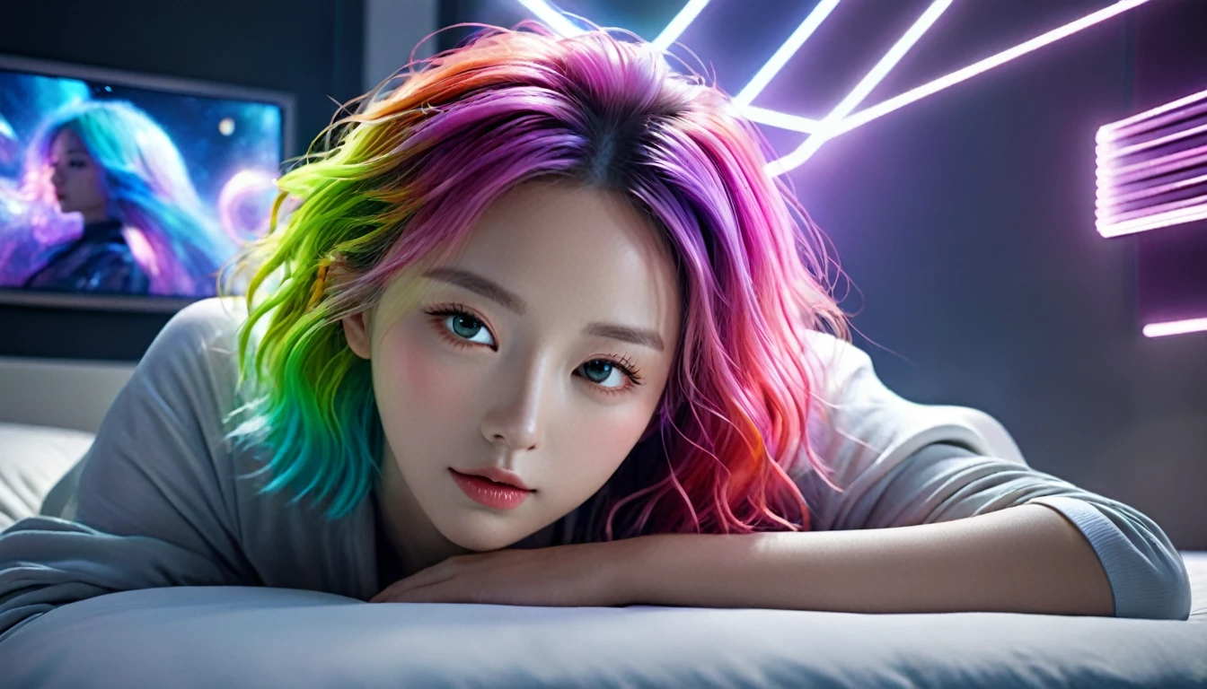 (Highest quality,8K,Super detailed:1.2),(CG,CG Art,3D Rendering),(masterpiece:1.2),(Crawling on the table),(Smart and stylish clothing),(Cinema Lighting,Futuristic),(Woman lying in bed,Sleep,close your eyes),(The big window behind her,quiet night),(Colorful Hair:1.5)