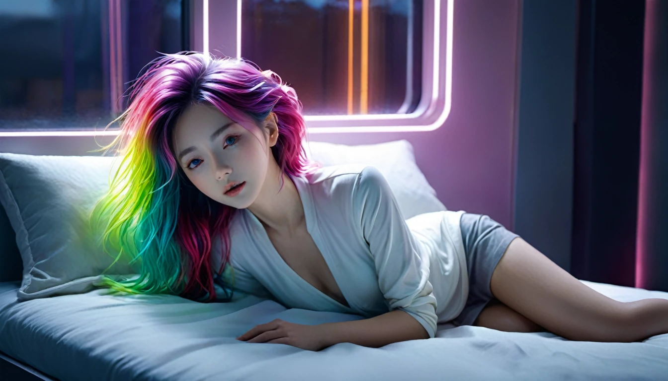 (best quality,8k,ultra-detailed:1.2),(CG,CG art,3D rendering),(masterpiece:1.2),(Crawling on the table),(Sexy clothing),(movie lighting,futuristic),(woman lying in bed,sleeping,closed eyes),(large window behind her,tranquil night),(colorful hair:1.5)