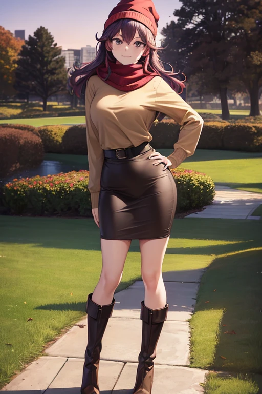 ((masterpiece, best quality)), highres, beautiful woman looking at viewer, hand on hip, wide hips, smiling, brown hoodie, black midi pencil skirt, pencil skirt, red beanie, leather boots, red scarf, full body, medium purple hair, wavy hair, garden, fall evening, sunset, trees, leaves falling, park, flowers