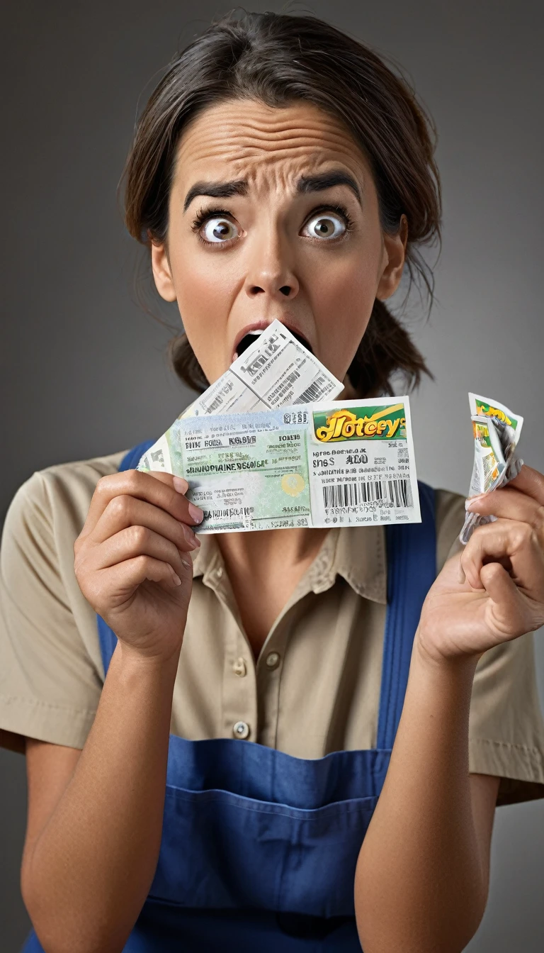 A highly realistic photograph of a female janitor holding a slightly crumpled lottery ticket with a look of surprise and concern on her face. The expression should be clear and detailed, showing wide eyes and a slightly open mouth. The background can be neutral to keep the focus on her expression and the ticket. High resolution, detailed facial expressions, and natural lighting.