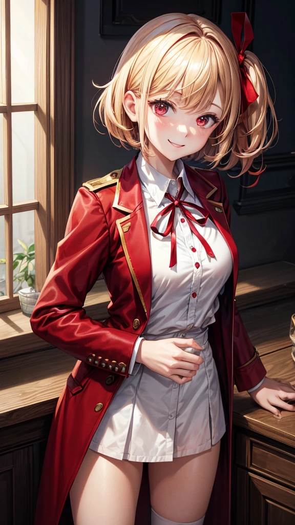 high quality, best quality, masterpiece, absurdres, red_jacket, ribbon, red_eyes, blond_hair, short_hair, hair_ribbon, smile, 1girl, torn clothes, cloth pieces,  