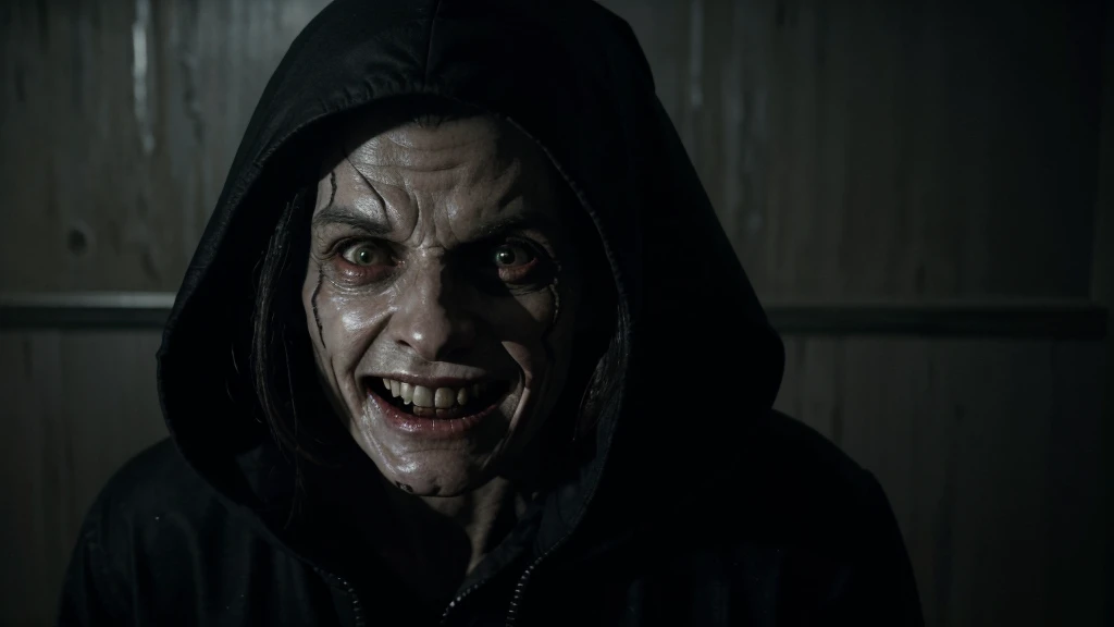 arafed looking creepy looking person with a hood on in a dark room, still from horror movie, vecna from stranger things, horrifying grin. horror, evil dead face, film still from a horror movie, screenshot from morbius (2022), still from animated horror movie, film still from horror movie, unsettling grin, in this ominous scene