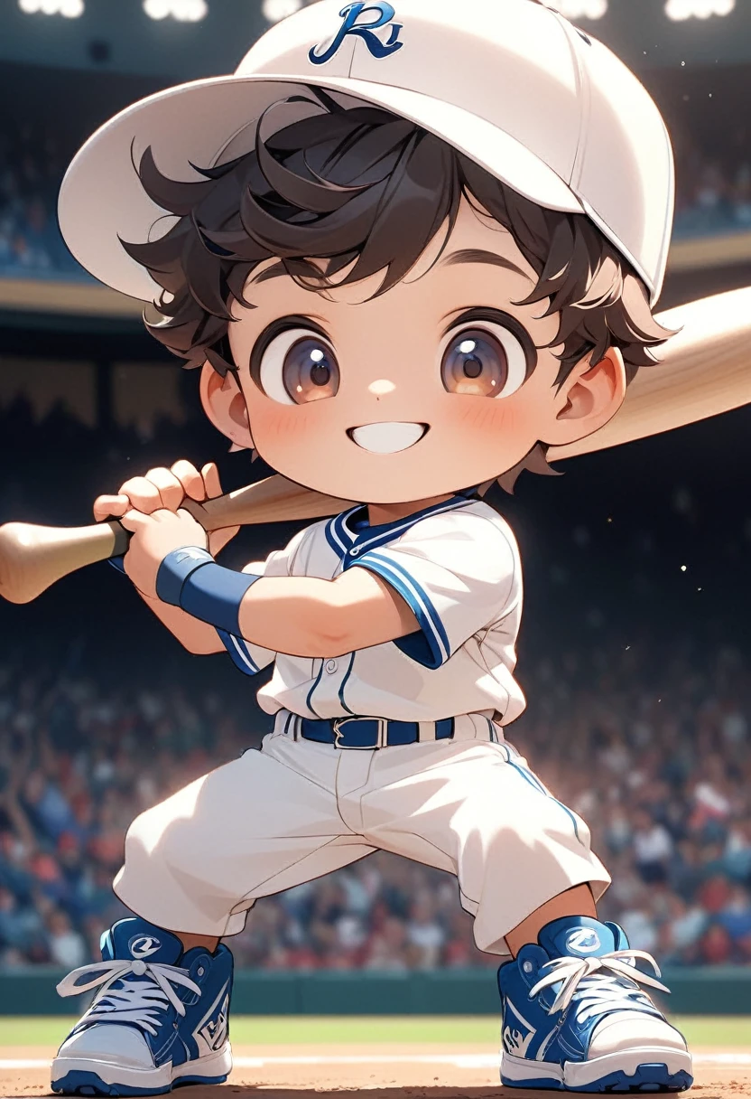 Very cute boy baseball player holding bat in hand baseball player white hat jersey sneakers very cute smiling looking at the audience
( perfect anatomy ) Beautiful and extremely fine texture,detailed, bright, Animation style high definition and high quality presentation