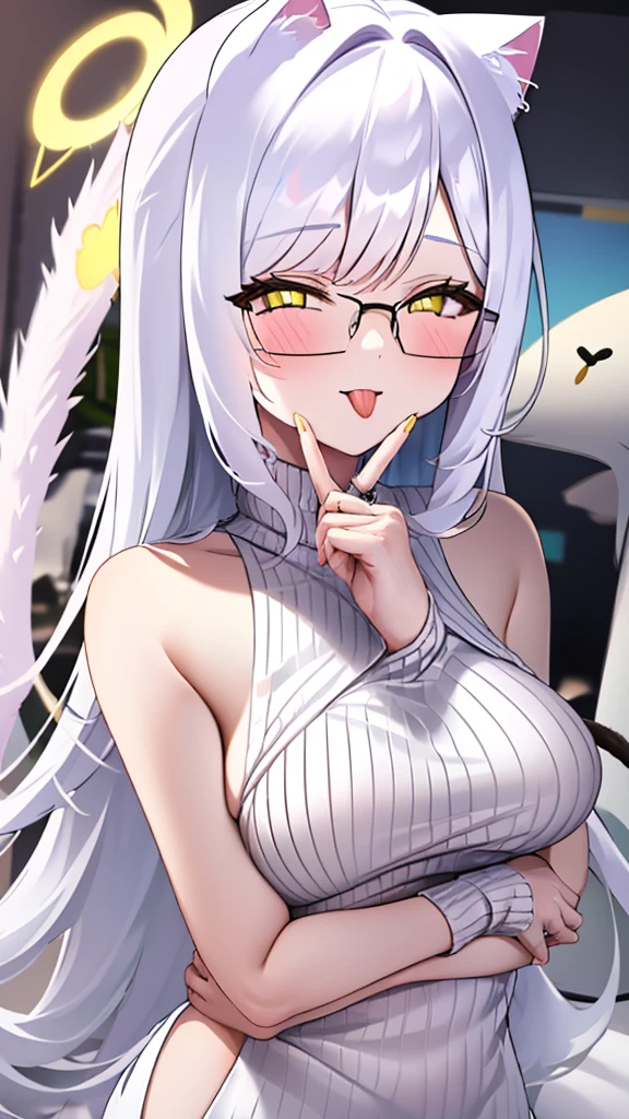 A 20-year-old female angel with long hair, white hair, yellow eyes, cat ears, cat tail, and white angel wings. A glowing yellow halo ring overhead. Wear round glasses (White halter turtleneck sweater, white purekiller sweater, sleeveless, sexy backless sweater, white dress) White arm warmers, stick out tongue, bedroom