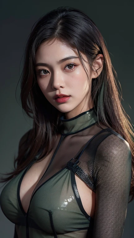 Sculpting sexy poses, (masterpiece:1.3), (8K, Realistic, RAW Photos, Highest quality:1.4), (1 female), Beautiful Face, Realistic face, (Detailed face), Beautiful Hairstyles, (Detailed Hair), Realistic eyes, (fine grain), Beautiful details, Realistic skin, (Detailed skin), Beautiful Skin, charm, Ultra-high resolution, Surrealism, Very detailed, (Large Breasts:0.5), The Beauty of Japan, (the body is slim), (Sexy Metal Bloody Purple Cardigan), Mild, Brown Hair, (Supermodel body type), Cute Japanese Girl, Cute young Japanese girl, (Simple gray background), Large Breasts :1.2, Improved division, shy, Wide Shot, (whole body), (See-through solo mesh black metal dark green : 1.5),Long Hair,Red lipstick,((There'There is a big gap between the legs))
