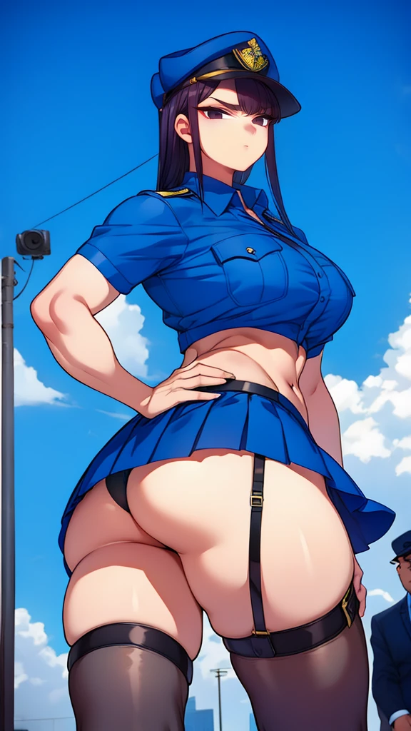 a cartoon character in a sexy suit posing on the street with a bush, police officer, police uniform, 1 girl, police woman, shirt, skirt, hat, tie, police cap, blue eyes, gloves, breasts, purple hair very dark, thighs, solo, navel, garter straps, looking at viewer, short sleeves, large breasts, underwear, miniskirt, midriff, ass visible through thighs, panties, outdoors, indentation, braid, hand in hand hip, belt, black skirt, uniform, collared shirt, frown, thigh highs, peaked cap, crop top, black panties, blue shirt, chest pocket, V-shaped eyebrows, Eiko Tsukimi, blue eyes, purple hair very dark baseball cap