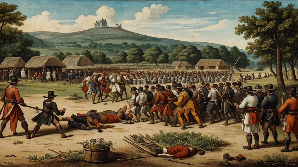 The Amboyna Massacre of 1623 was the torture and execution of twenty-one people on a treason charge done by the local Dutch authorities. These people included ten Englishmen (trading partners with Dutch since 1619), ten Japanese (employed by Dutch East India Company), and one Portuguese. in black and with historical drawing