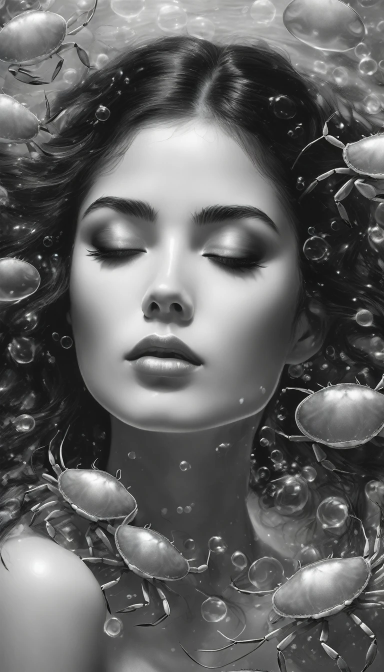 Black and white art of a woman, beautiful face, close sed eyes, floating hair, show abdomen, crabs and bubbles background, This image impresses with its delicacy, tenderness and beauty. By paolasalome.,., conceptual artLess, conceptual art