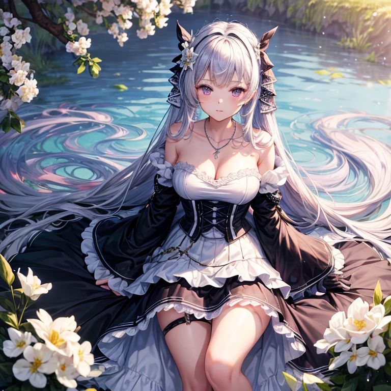 masterpiece, best quality, Extremely detailed 8k wallpaper, 1 Girl, outdoor, Helena(Azur Lane),strapless skirt, skirt, layered skirt,White flowers, Hair accessories, Purple Eyes, (Necklace), Outline, (Black gloves), Bare legs,