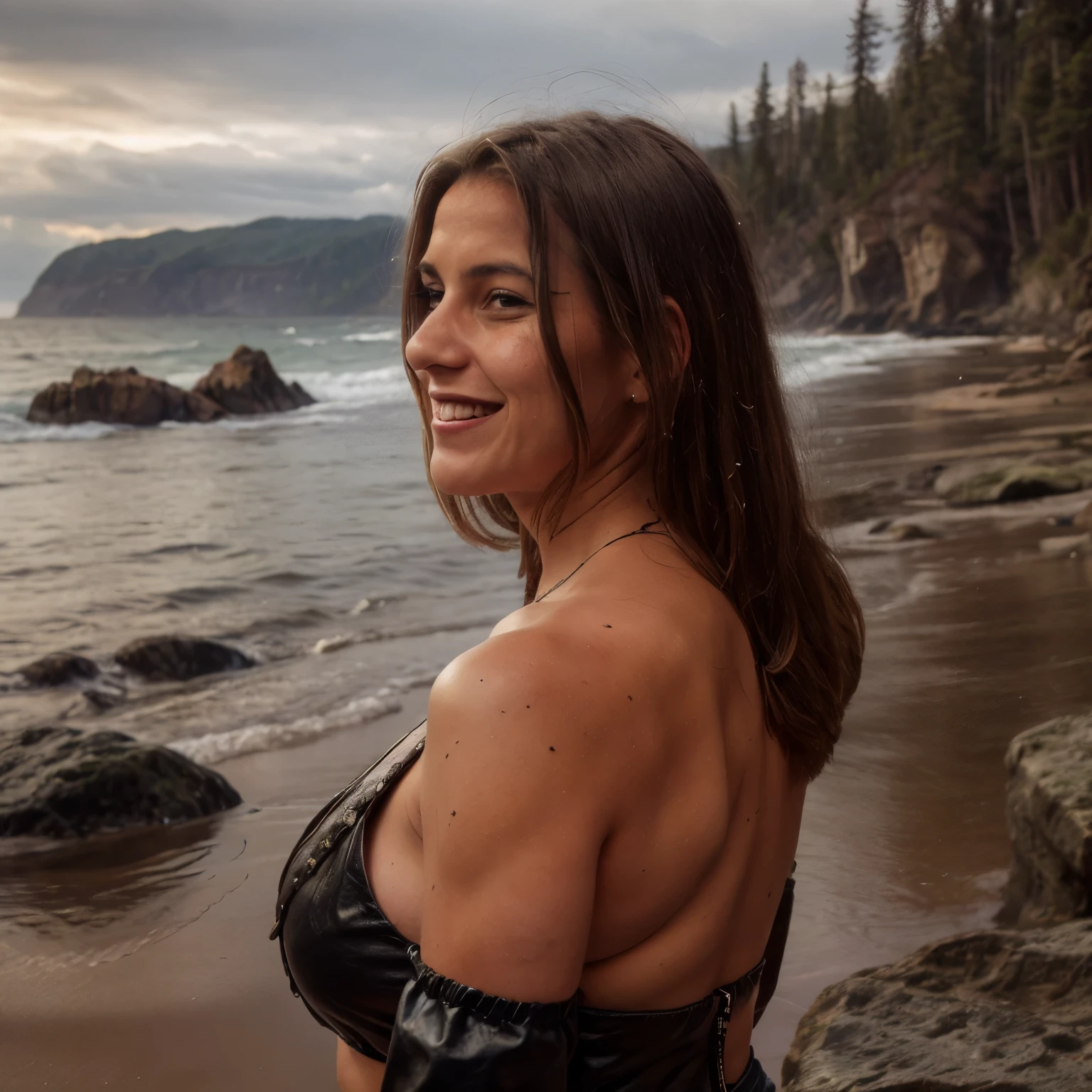 A young Native American woman surfs on a large piece of bark near the British Columbia coast on a hot, windy summer day. The sky is clear, but the sea is wild, with huge waves crashing and creating frothy white caps. She is smiling, having fun despite the challenging conditions, her long, black hair blowing in the wind. Her traditional leather and fur clothing, adorned with beadwork and feathers, is soaked with seawater. The rocky shore is close by, with boulders and driftwood tered along the beach. The dense temperate rainforest lies far in the background, and the distant Rocky Mountains are capped with snow. The sun casts a warm, golden glow over the dramatic scene, highlighting the woman's joyful and adventurous spirit.