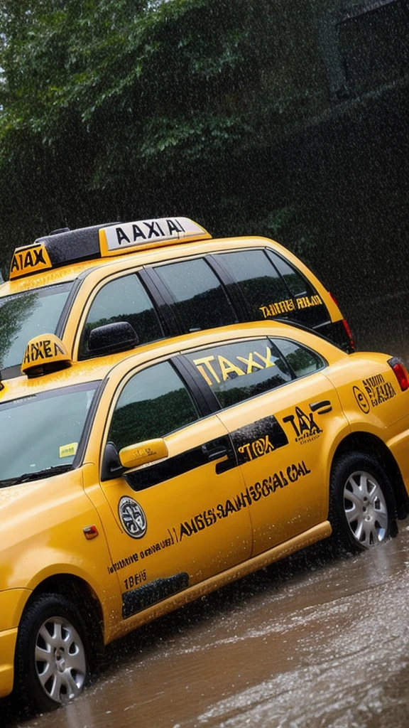 A taxi car the way in good rain