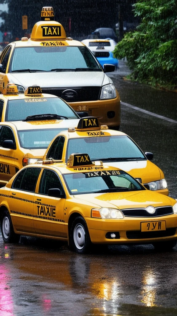 A taxi car the way in good rain
