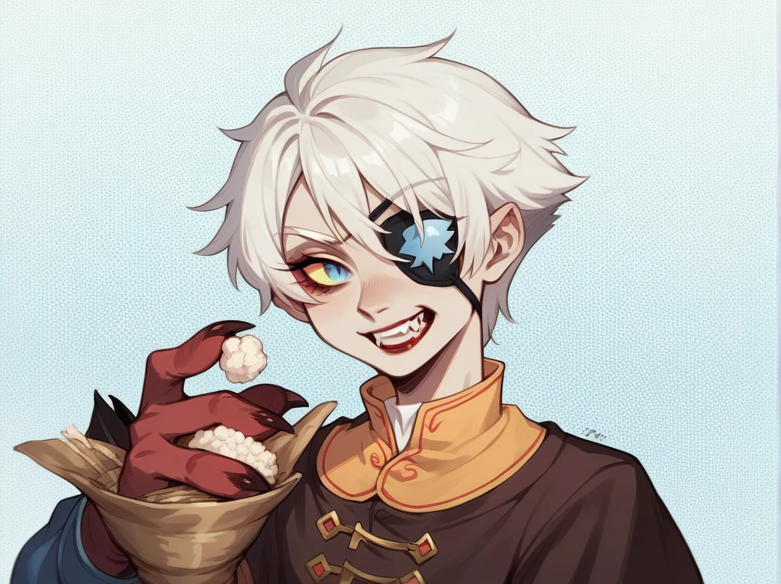 A young woman with white hair and red tips, a vampire, vampire canines, blue eyes, eye patch, short hair, female physique, Discord PfP, fantasy, vampire,long canines, rice teeth