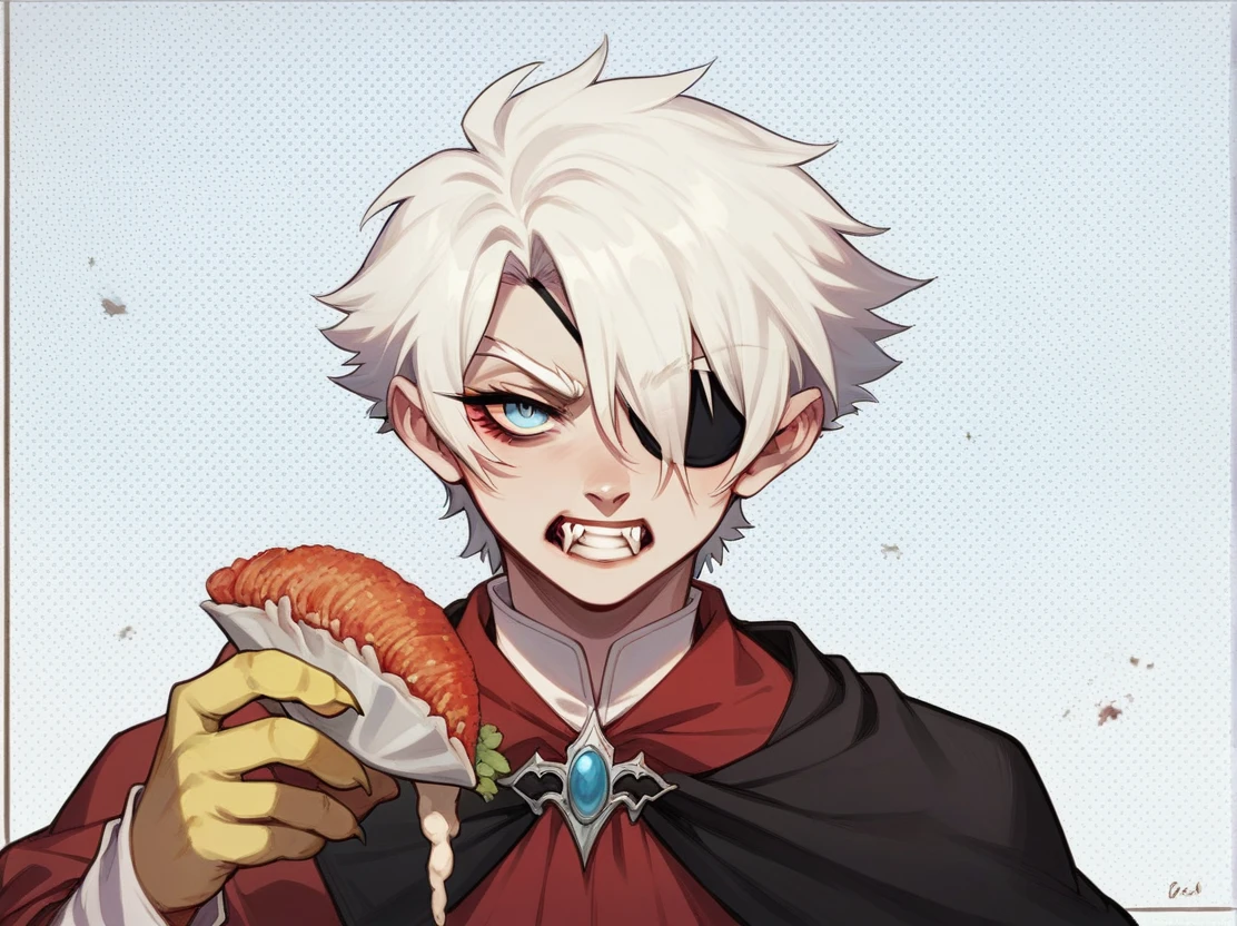 A young woman with white hair and red tips, a vampire, vampire canines, blue eyes, eye patch, short hair, female physique, Discord PfP, fantasy, vampire,long canines, rice teeth
