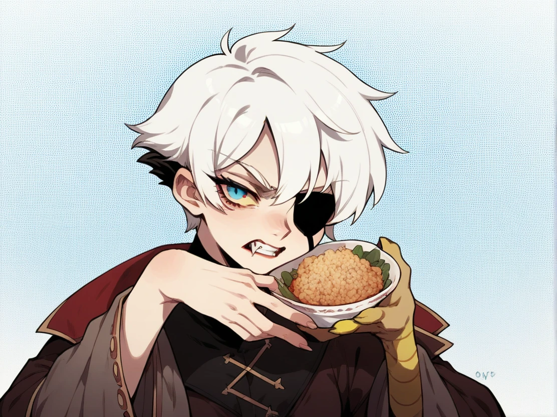 A young woman with white hair and red tips, a vampire, vampire canines, blue eyes, eye patch, short hair, female physique, Discord PfP, fantasy, vampire,long canines, rice teeth