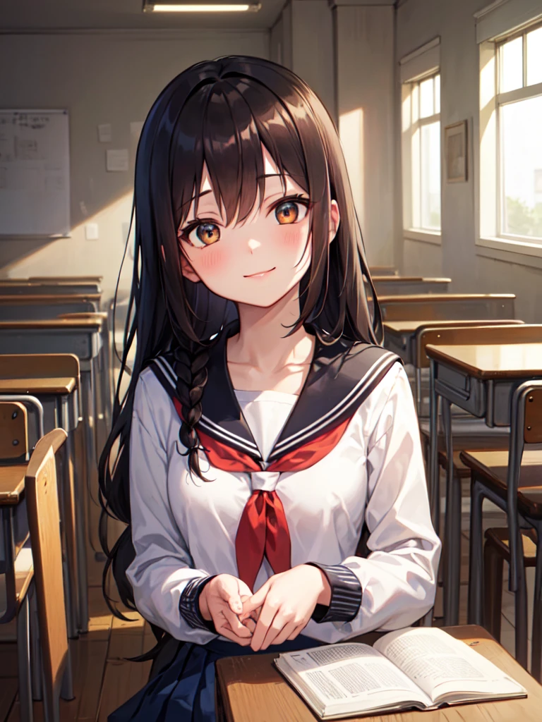 1 Girl, sit, Just enough to make ends meet, Hands in front, (Head tilt), Smile, 15 years,
classroom, indoors, School chair, School desk, (Low double ponytail girl), Low braids, Red ribbon on hair, Very long black hair,
Navy blue collar, White Serafuku with blue ribbon, Navy blue skirt,
(Dark brown eyes), afternoon, summer,
School,
(From the front:1.4), Upper Body,
Japanese cartoons, high brightness, Delicate face, Delicate eyes,
(high quality, Extremely detailed, masterpiece, Full HD)