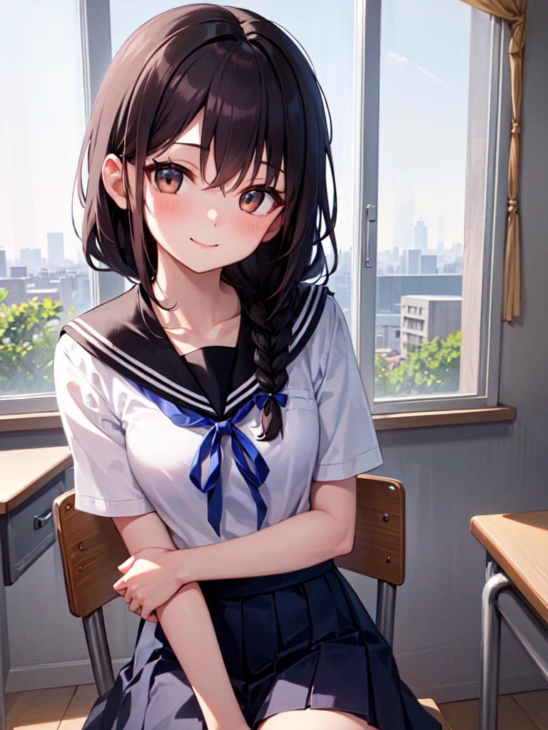 1 Girl, sit, Just enough to make ends meet, Hands in front, (Head tilt), Smile, 15 years,
classroom, indoors, School chair, School desk, (Low double ponytail girl), Low braids, Red ribbon on hair, Very long black hair,
Navy blue collar, White Serafuku with blue ribbon, Navy blue skirt,
(Dark brown eyes), afternoon, summer,
School,
(From the front:1.4), Upper Body,
Japanese cartoons, high brightness, Delicate face, Delicate eyes,
(high quality, Extremely detailed, masterpiece, Full HD)