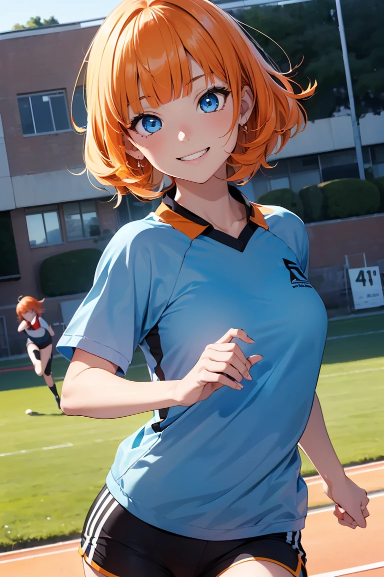 ((1 girl)), Latest trends in clothing, cheerful grin, animated expressions, sports clothes, shorts, blackstockings, running on the physical education field ((very detailled, highest quallity, high resolution, 8 k wallpaper, cute clothes,)),(hair orange, shorth hair, juvenile,bouncy hair, ((asymmetrical bangs)) ,(shining blue eyes),ombre, eyeliner,glowing eye, very detailledな目, complex eyes, gorgeous eyes, 輝くBright blue eyes 17 year old