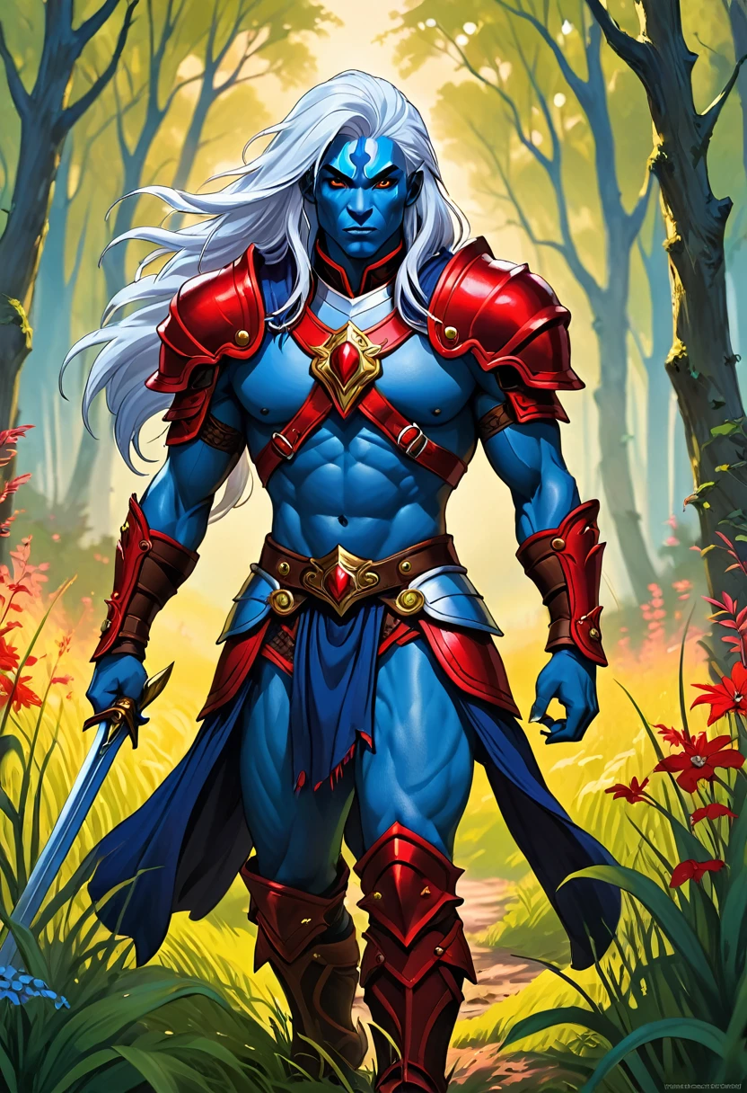 super quality, beautiful detail, super detailed, extra fine, 16K, exquisite, absurd, high resolution, masters of the universe, dark fantasy, low fantasy, sword and sorcery. a (blue skinned, blue skin, dark blue skin:1.3) male warrior, he has long ((white hair)) with lots of volume, and (red armor, armored collar and red shoulder pads:1.3), (gold trim), leather headband with nose guard. (detailed face, detailed eyes) (best quality,4k,8k,highres,masterpiece, colorful, vibrant colors:1.2) , glowing eyes, (glowing red eyes), athletic muscular body. Good hands, detailed hands. magic forest background. Show him walking through tall grass (confidently walking, determined stride:1.1), in meadow, multi-color sky, thick colorful trees,
