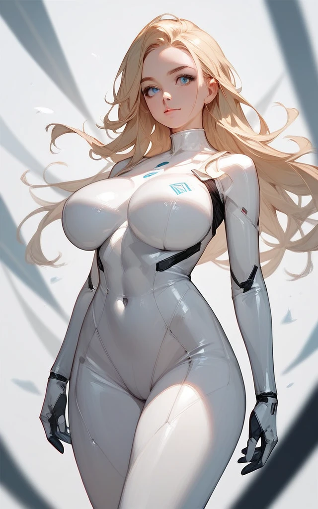 girl, white bodysuit, blonde, blue eyes, Hyper Realistic
