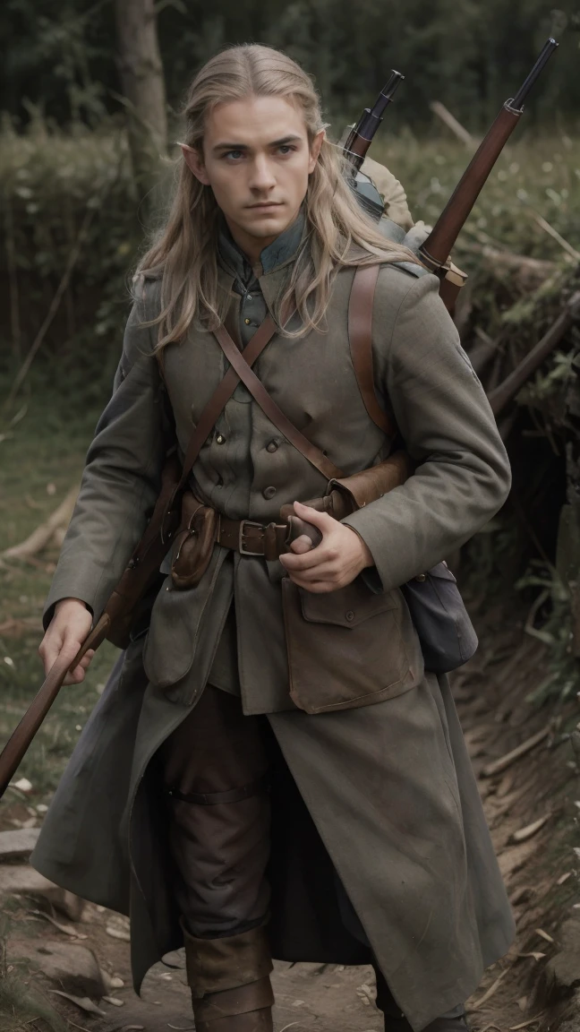 (masterpiece), best quality, expressive eyes, perfect face, All quiet on western Front, man, trenches, dirty, Legolas, elven , uniform, realistic, HD, Rifle, Orlando Bloom, big bag, French army, regiment, France, aiming position, pov, Far view, shot, shooting, fighting, Johto