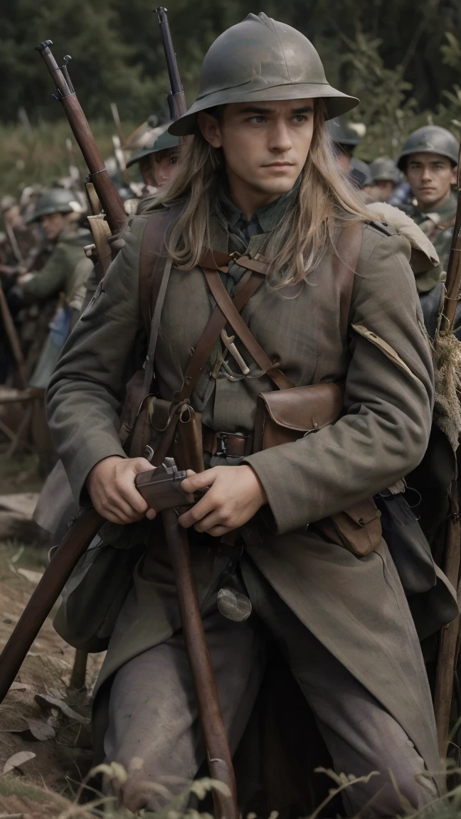 (masterpiece), best quality, expressive eyes, perfect face, All quiet on western Front, man, trenches, dirty, Legolas, elven , uniform, realistic, HD, Rifle, Orlando Bloom, big bag, French army, regiment, France, aiming position, pov, Far view, shot, shooting, fighting, Johto